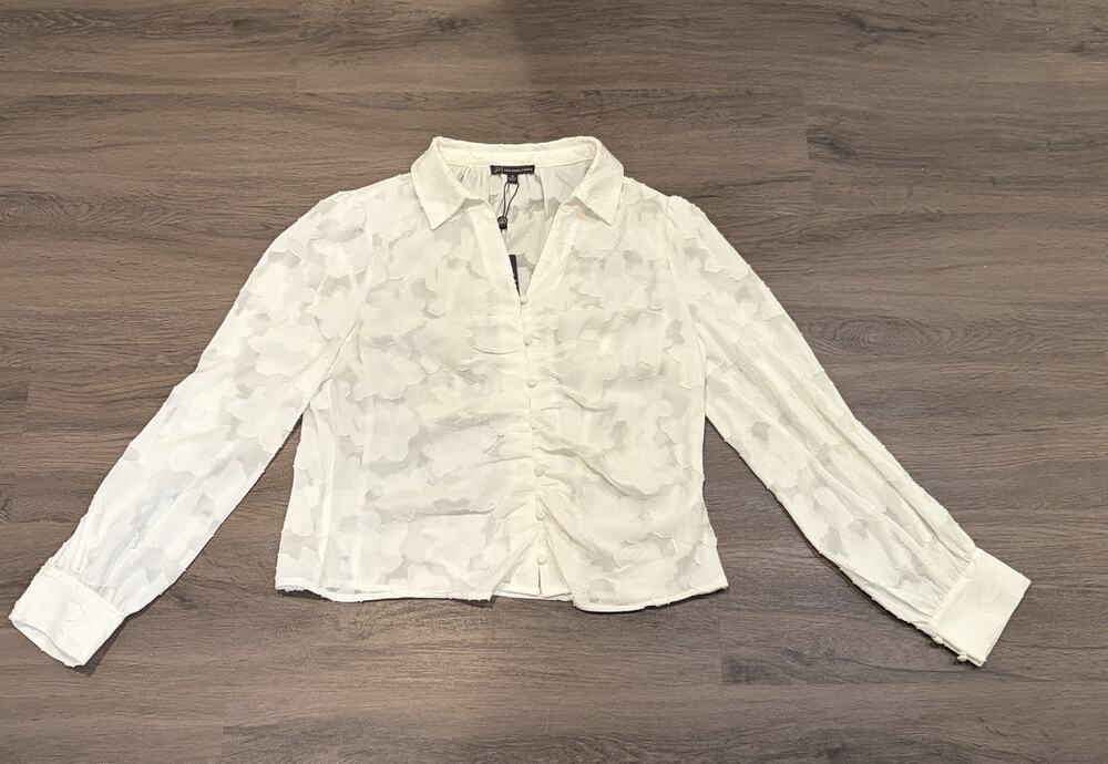Adrianna Papell Women’s M Ivory Sheer Floral Chiffon Collared Button Blouse